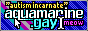 A web button that says 'Aquamarine's Aquarium' with an image of a light blue creature, with yellow accents, purple hair, and a maroon coat, that is an anthropomorphic axolotl and a cat.