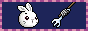 a dark blue button with a light pink and purple outline. There is a bunny head and a fork sprite from maplestory which slowly turn side to side