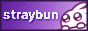 Straybun's 88x31: The text 'straybun' is written in white over a purple background. On the right is a big white bunny with bubbly eyes from Volpeon's 'bunhd' emotes set.