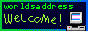 a web button to the site 'worlds address', which is navy with a light green-blue outline and an old computer to the side
